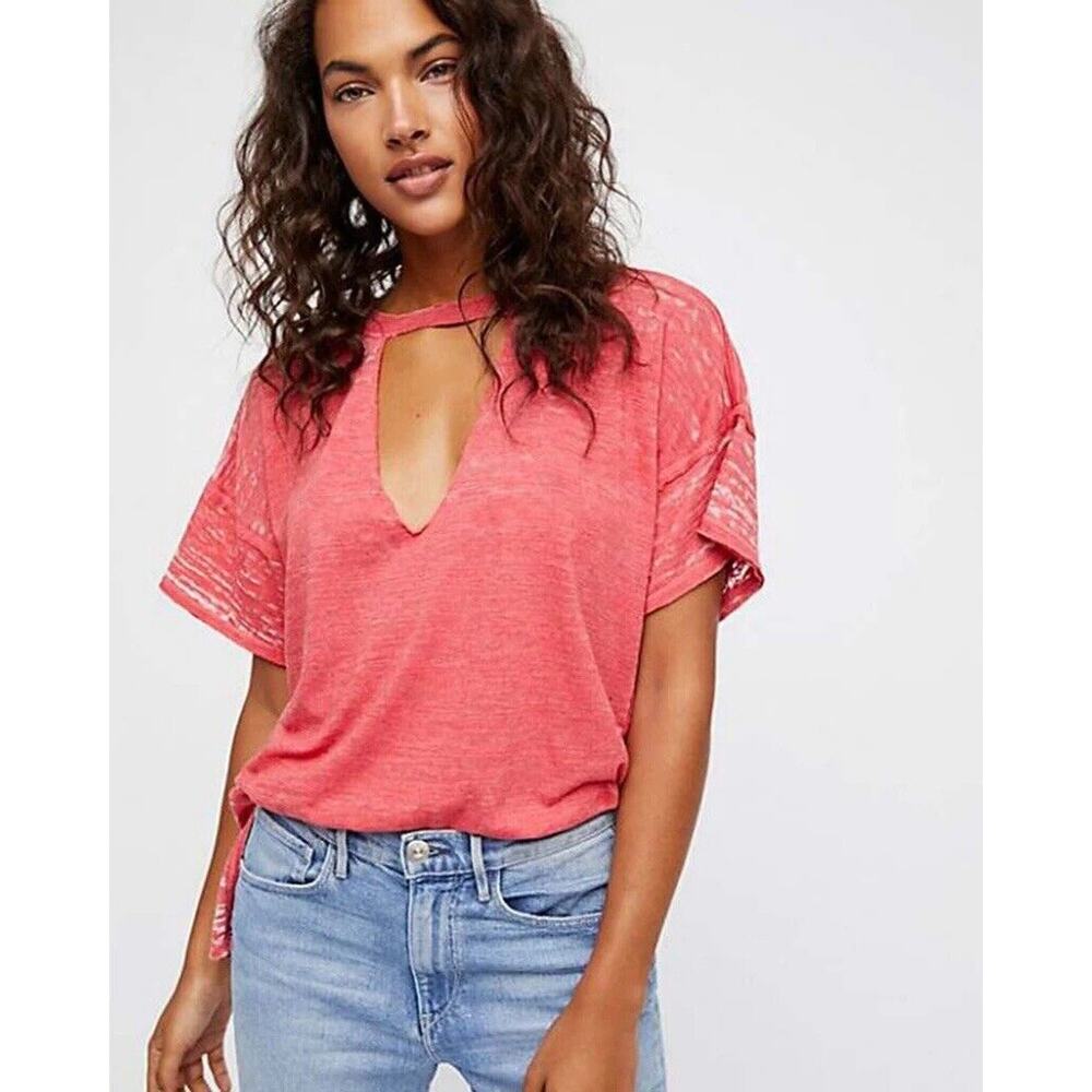 We The Free People Sz M Jordan Tee Short Sleeve Crewneck Burnout Oversized Sheer